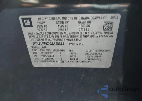 2016 Chevrolet Equinox Lt from USA, damaged, VIN 2GNFLFEK2G6348874